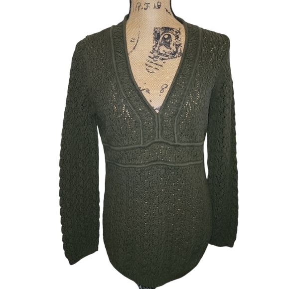 Ann Taylor Loft Sz LARGE Green Sweater Long Sleeve V-Neck Cozycore Grandmacore - Picture 3 of 7